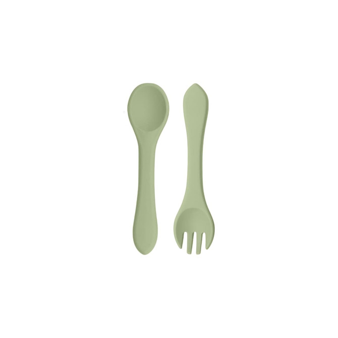 A light green silicone spoon and fork set for kids, featuring a smooth design and rounded edges.