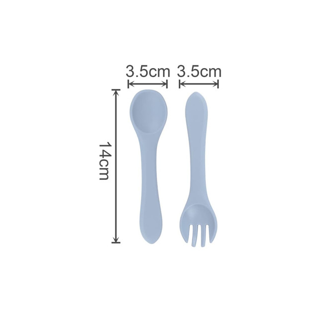 A light blue silicone spoon and fork set for kids, featuring rounded handles and specific dimensions.