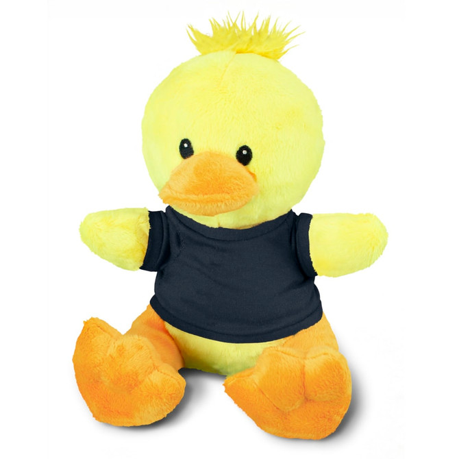 A yellow duck plush toy with orange feet, wearing a navy blue shirt. It has a fluffy tuft on its head and large eyes.