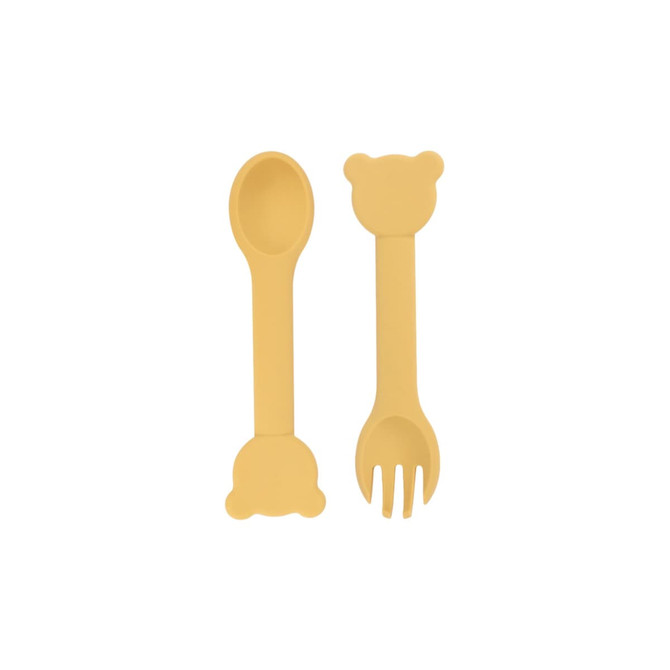 Bear-shaped silicone cutlery for kids in a soft yellow hue, featuring a spoon and a fork with a playful design.