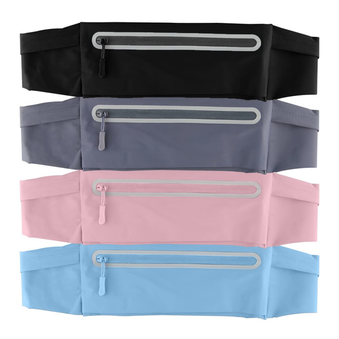 Four sports running belt bags in black, grey, light pink, and light blue, each with a zippered pocket and a logo.
