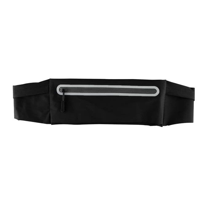 A black sports running belt bag featuring a front zip pocket and a reflective strip. It has an adjustable strap.
