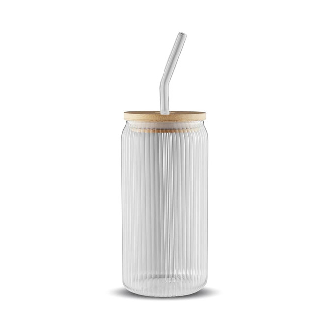 A glass tumbler with a ribbed design, a bamboo lid, and a clear straw. The tumbler holds 550ml.