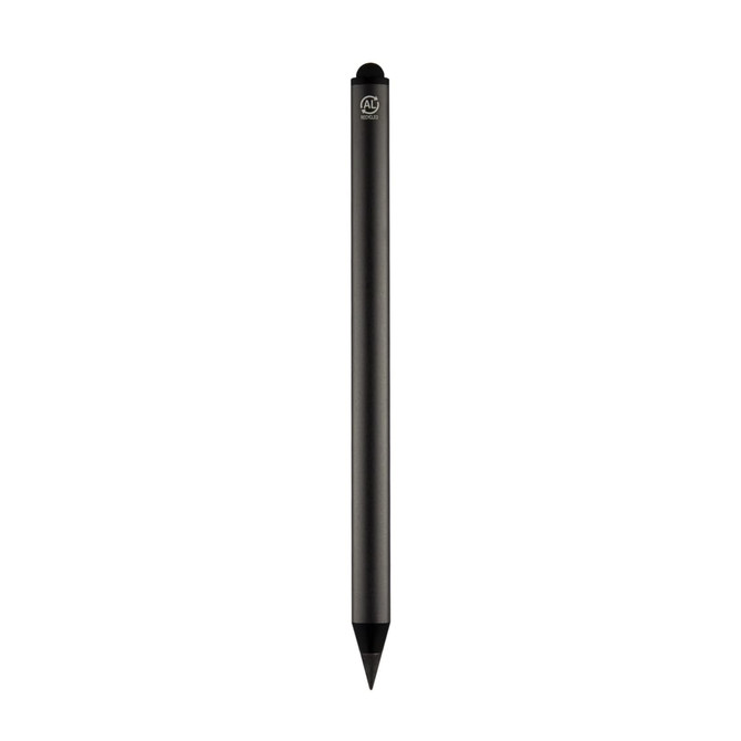 A black pencil with a sleek design and a logo at the top.