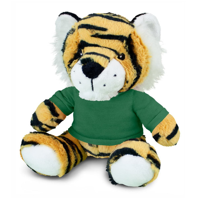 A plush toy of a tiger featuring yellow and black stripes, wearing a green shirt, sitting upright.