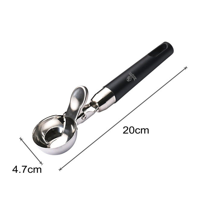 An ice cream scoop with a stainless steel head and a black ergonomic handle, measuring 20 cm in length.