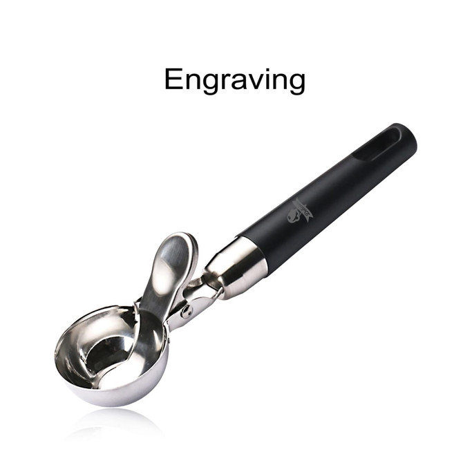 A stainless steel ice cream scoop with a black handle and an easy trigger mechanism. It features a logo.