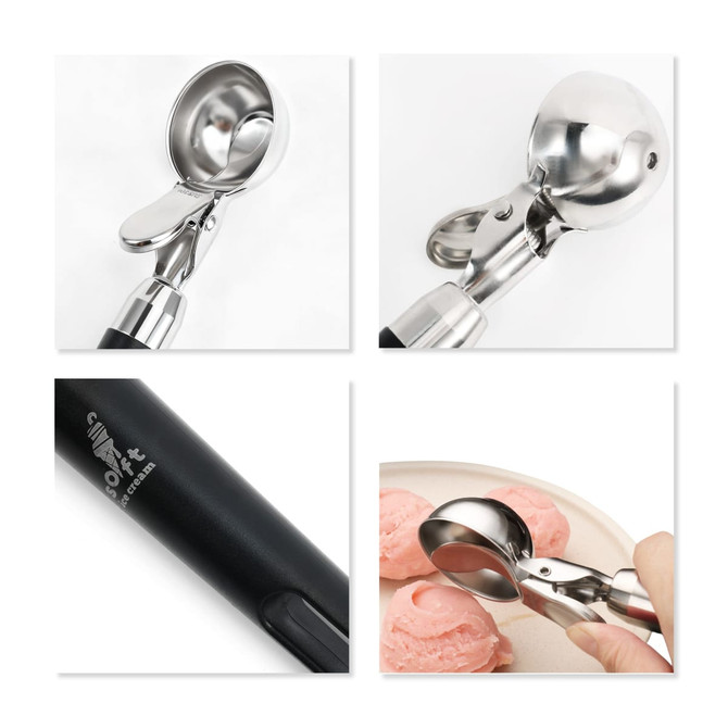 An ice cream scoop with an easy trigger mechanism, featuring a silver scoop and a black handle. It has a logo.