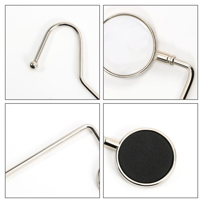 A round curved desk hook in silver, featuring a smooth, black grip and a hanging hook design.