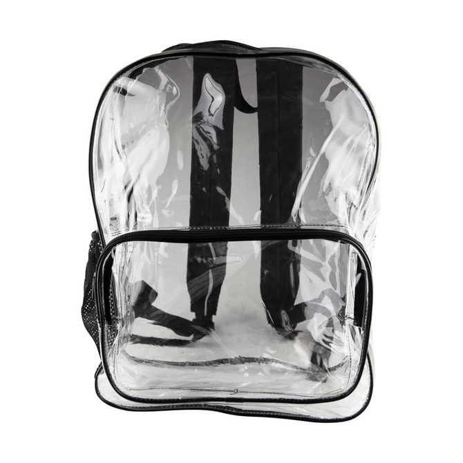 A clear stadium backpack with black straps and a front pocket. Features a minimalist design with transparent material.