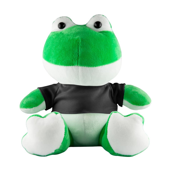 A green frog plush toy with a white belly and black shirt, featuring large eyes and a friendly expression.