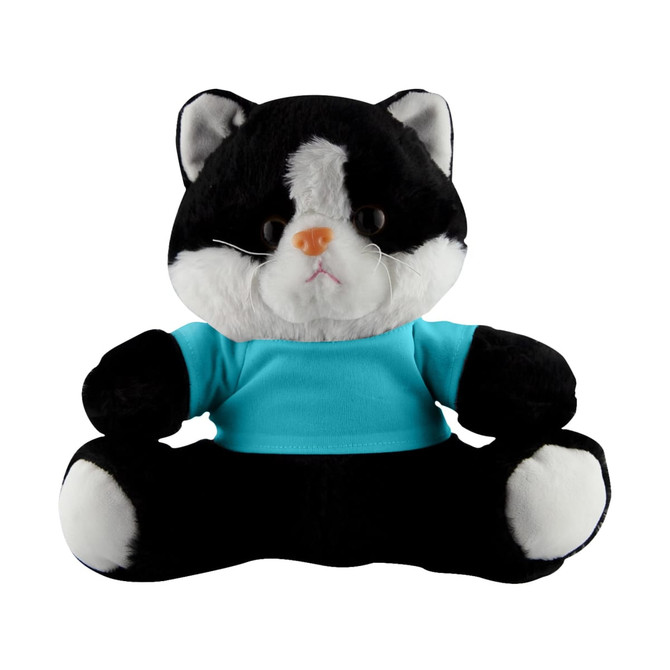 A black and white cat plush toy wearing a light blue shirt, seated with a neutral expression. It has rounded features and large eyes.