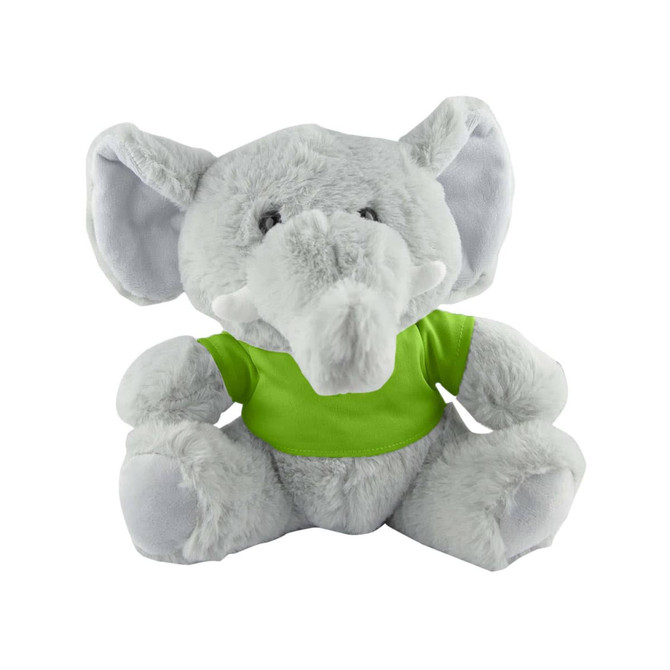 A grey elephant plush toy wearing a green shirt, with large ears and a friendly expression. It has a logo on its shirt.