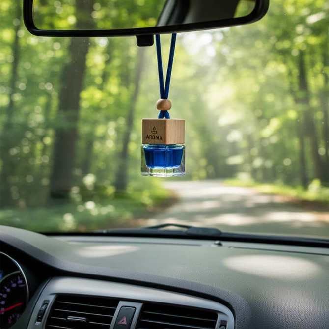 A car reed diffuser in blue glass with a wooden cap, hanging from a rearview mirror against a forest backdrop.