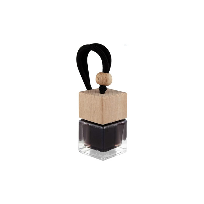 A black car reed diffuser in a clear glass container, topped with a wooden cap and a black cord.