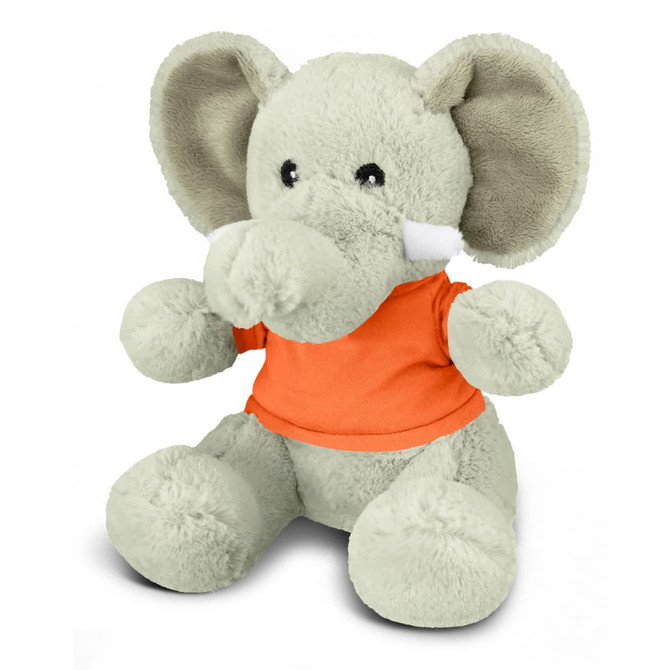 A grey plush elephant toy wearing an orange shirt, featuring large ears and a cute smiling face.