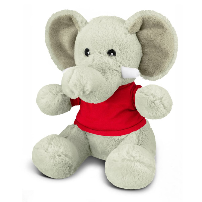 A plush elephant toy in grey with large ears, wearing a red shirt, featuring a logo on its side.