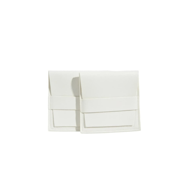 A white PU leather flip pouch with a secure closure and a minimalist design, featuring logos on the front.