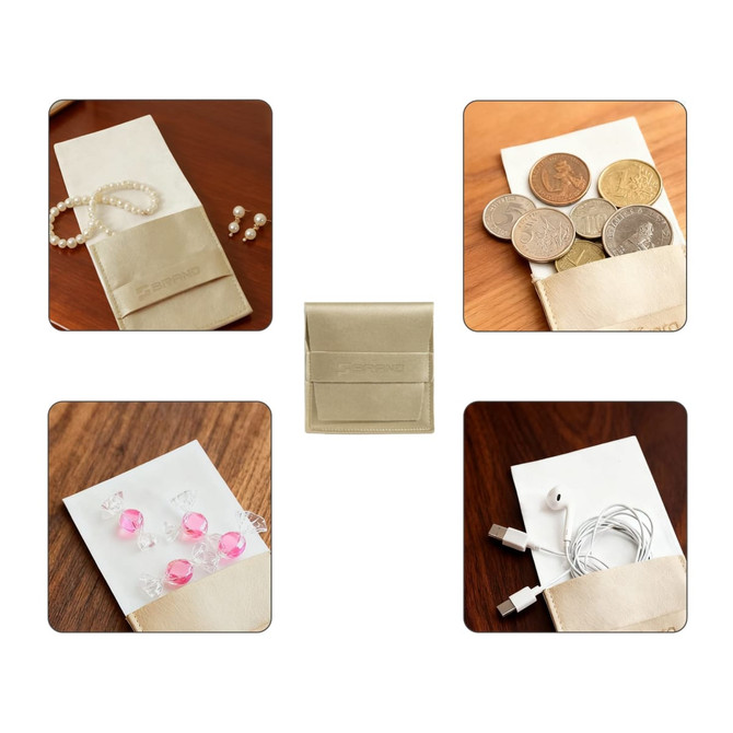 A gold PU leather flip jewelry pouch displaying various items like coins, earrings, and accessories. It features a logo.