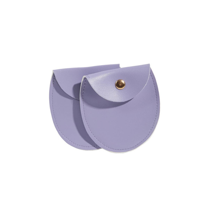 A purple oval PU leather jewelry pouch with a rounded flap and a metal snap. It features a smooth exterior.