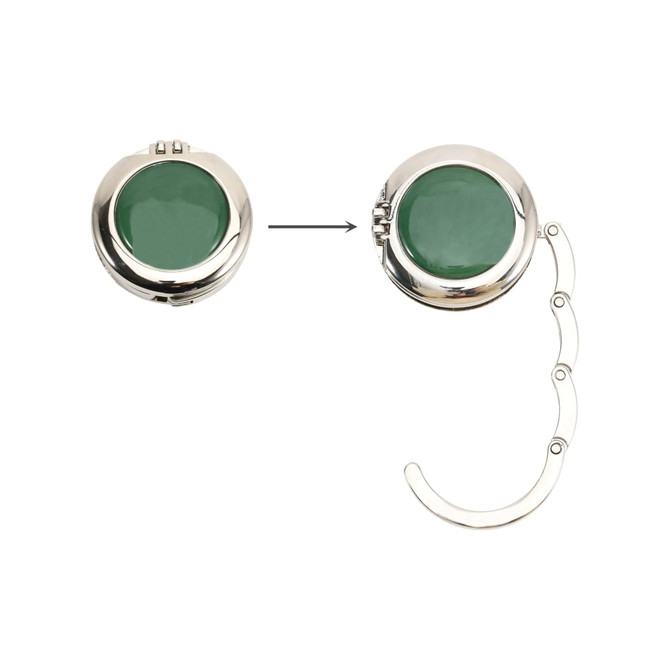 A silver foldable desk hook with a green mirror, featuring a chain attachment for easy hanging.