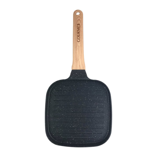 A square grill pan with a non-stick black surface and a wooden handle, featuring a logo on the handle.