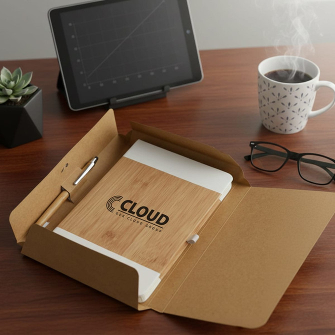A cardboard gift box containing a bamboo notebook, pen, tablet, coffee cup, glasses, and a small plant.