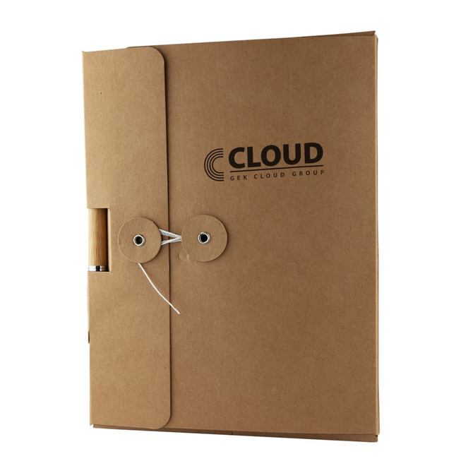 A cardboard notebook gift box in brown with an attached pen and a logo present on the front.