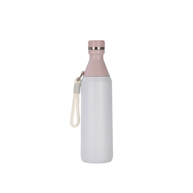 A drink bottle in grey and pink, featuring a slim design with a stylish cap and a carry strap. It has a logo.