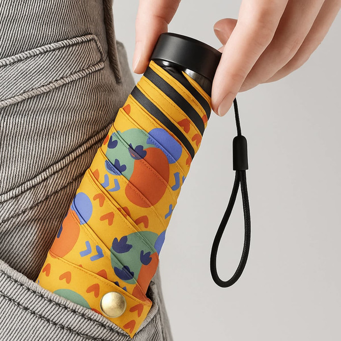 A small, multi-coloured umbrella with a patterned design, being held and inserted into a pocket.