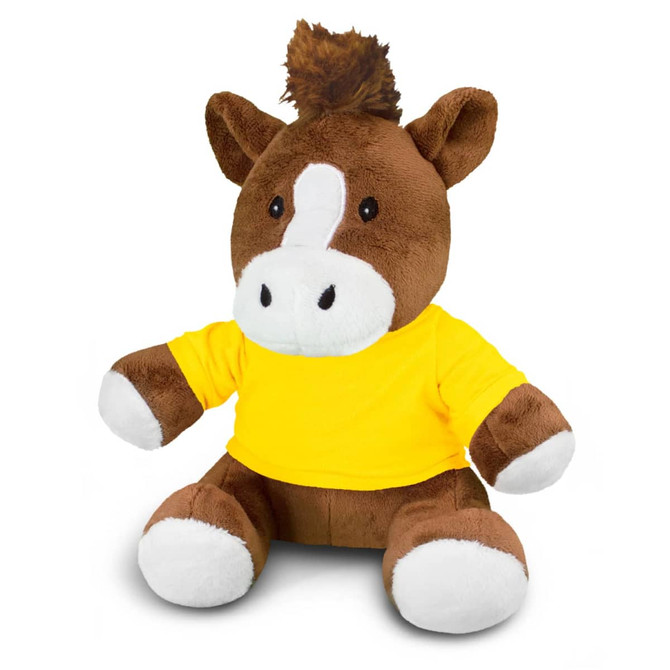 A brown horse plush toy with a yellow shirt and white accents, featuring a soft, cuddly design.