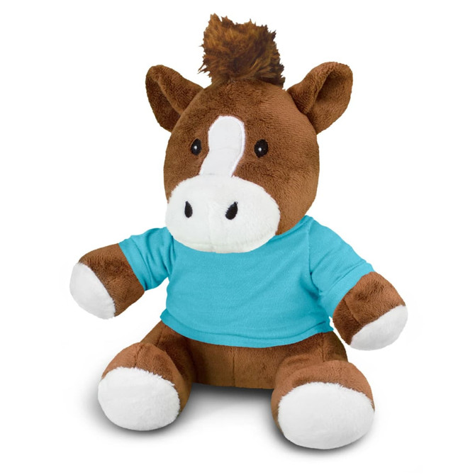 A brown horse plush toy with a white snout and paws, wearing a turquoise shirt, featuring a logo on the shirt.