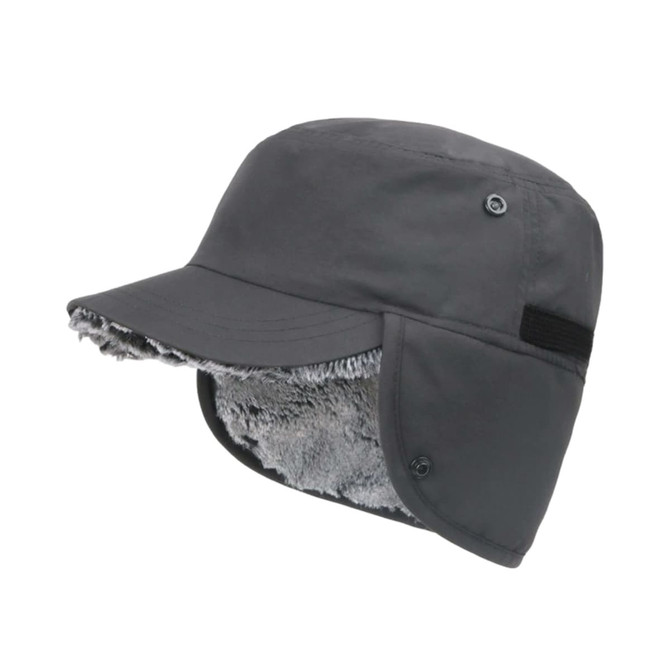 A thickened earflap hat in grey with a plush interior and adjustable ear flaps. It features a logo on the side.