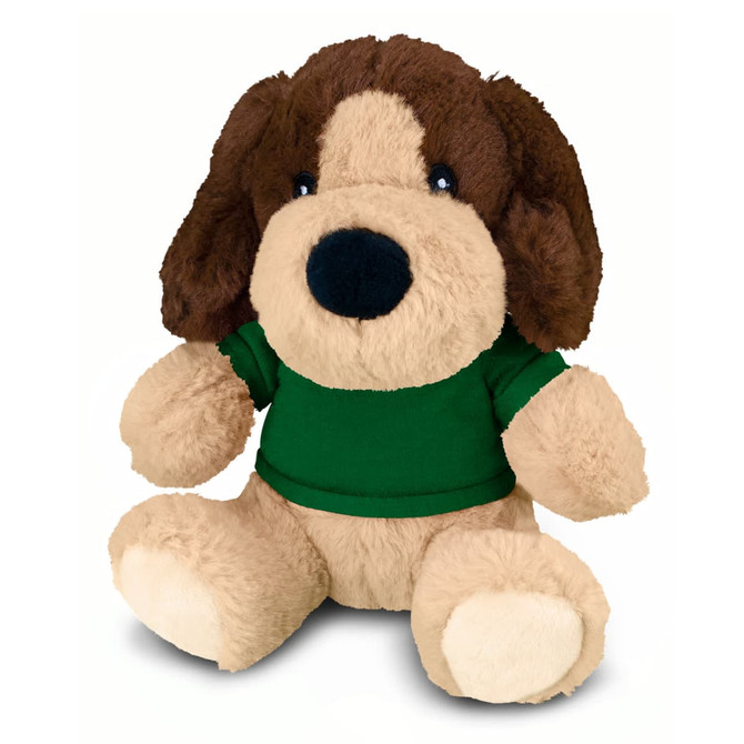 A brown and tan plush dog toy wearing a green shirt, with soft fur and big eyes, sitting upright.