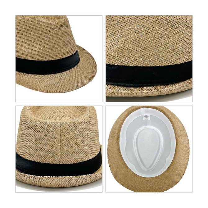 A straw hat in a natural tan colour with a black fabric band around the base. Includes an internal lining.
