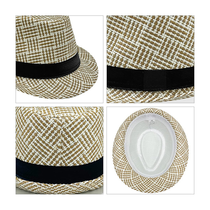 A breathable woven straw hat in tan and white with a black band, featuring a textured pattern and a smooth interior.
