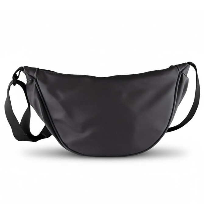 A black, curved bag with an adjustable strap and a logo. The material appears sleek and smooth.