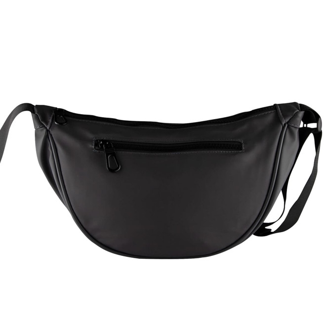 A black bag with a curved shape, featuring a front zip pocket and an adjustable strap. It has a logo visible.