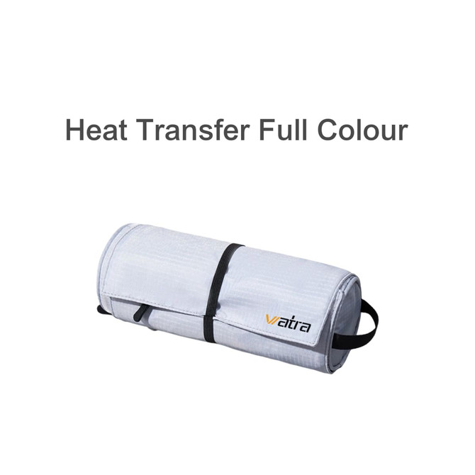 A grey multifunctional toiletry travel bag, cylindrical in shape, with a strap and a logo.