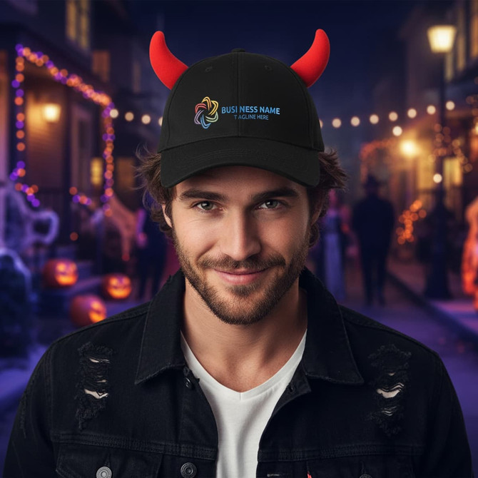A black baseball cap with red devil horns and a logo on the front, worn by a man in a festive street setting.