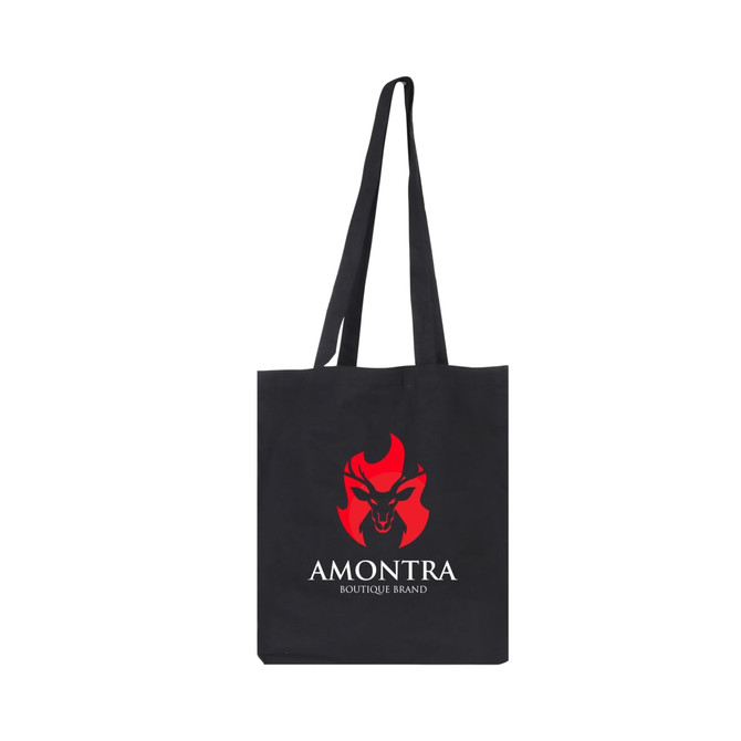 A black cotton bag with long handles and a logo featuring a stylised character in red.