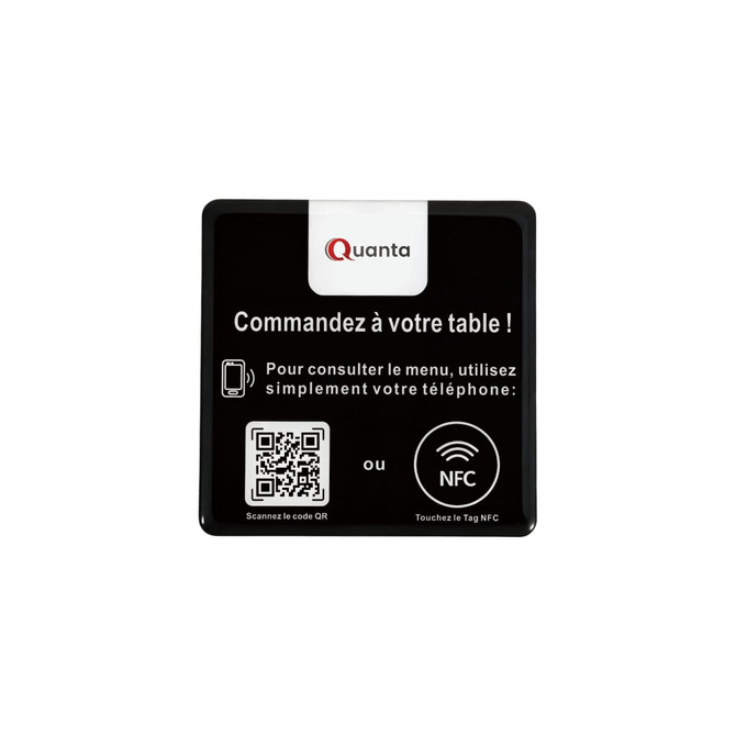 A black NFC desk tag with a QR code and instructions for food ordering. It features a logo at the top.