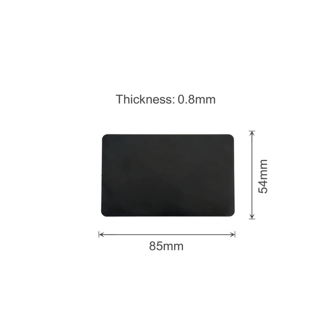 A black metal business card with dimensions of 85mm x 54mm and a thickness of 0.8mm. It features a logo.