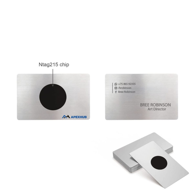 A stainless steel business card featuring a black NFC chip with a logo, showcasing sleek design and modern aesthetics.