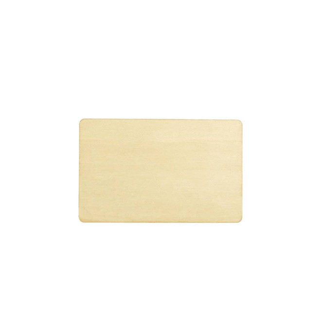 A bamboo business card in a natural finish, featuring a smooth surface and rounded edges.