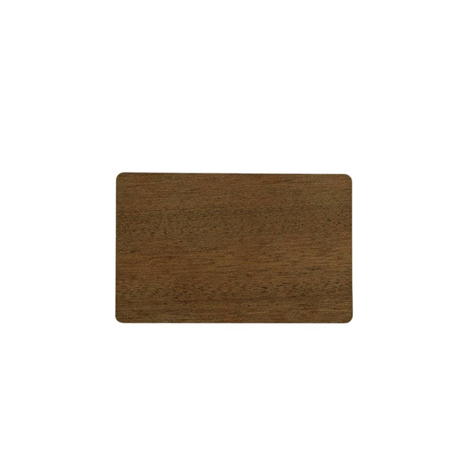 A rectangular bamboo business card in a natural brown colour with a smooth finish. It features a logo.