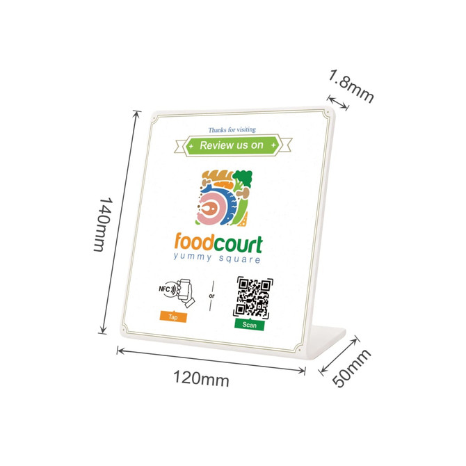 A promotional NFC review stand in white, featuring a logo and space for QR codes and messaging. Measures 140mm x 120mm.