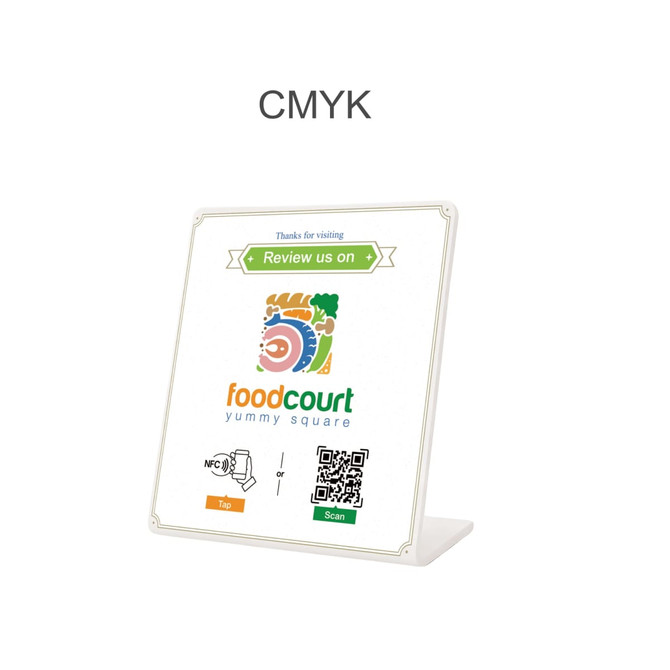 A white promotional stand featuring a QR code, NFC symbol, and food court branding. It has a sleek design.