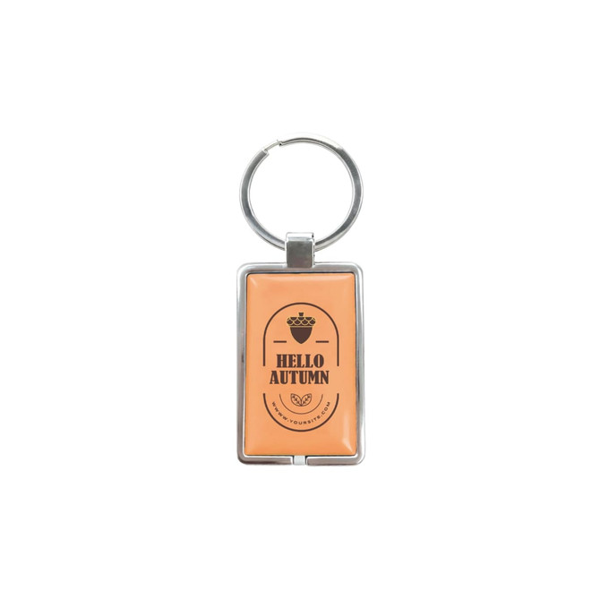 A metal keyring with a rectangular orange epoxy tag featuring an acorn design and branding.