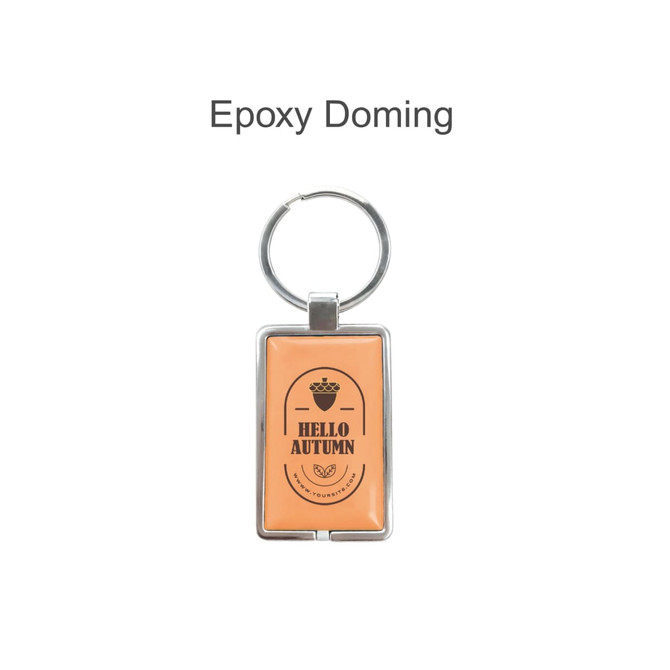An orange NFC epoxy square tag attached to a metal keyring, featuring a logo.